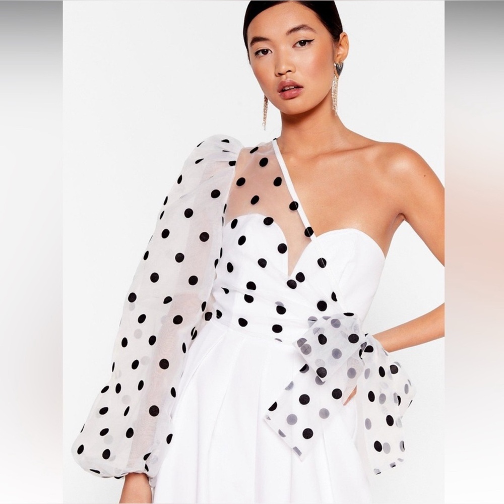Nasty Gal White One-Shoulder Polka Dot Puff Sleeve Dress